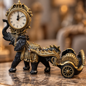 Royal Elephant Clock & Chariot – Black & Gold Luxury Table Décor