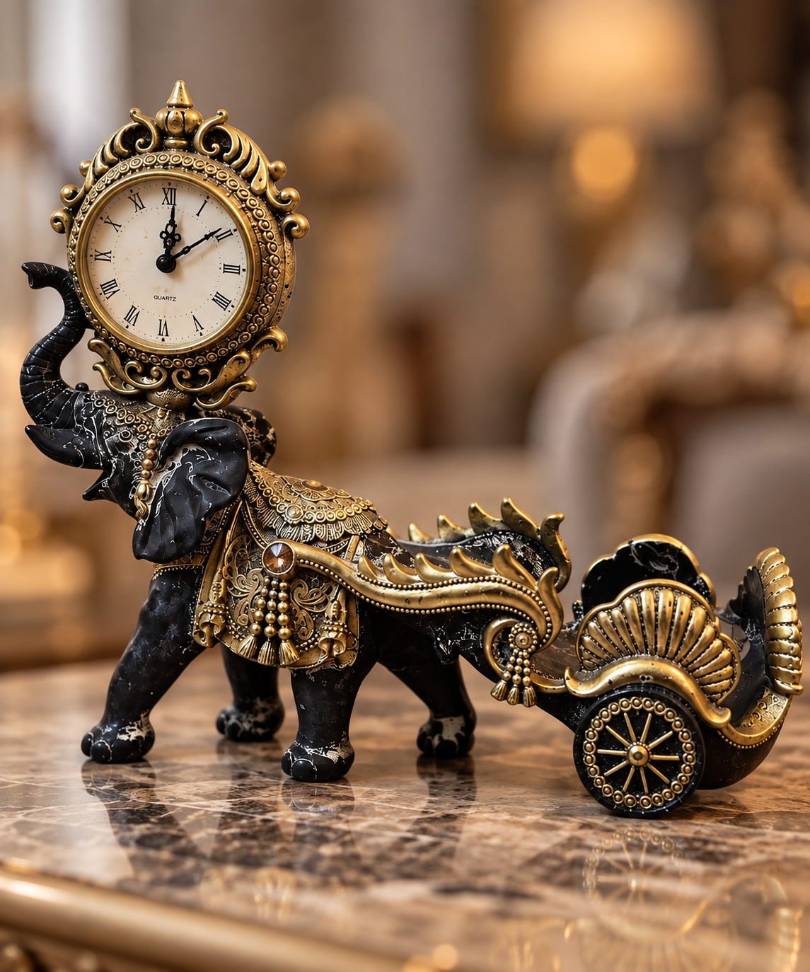 Royal Elephant Clock & Chariot – Black & Gold Luxury Table Décor