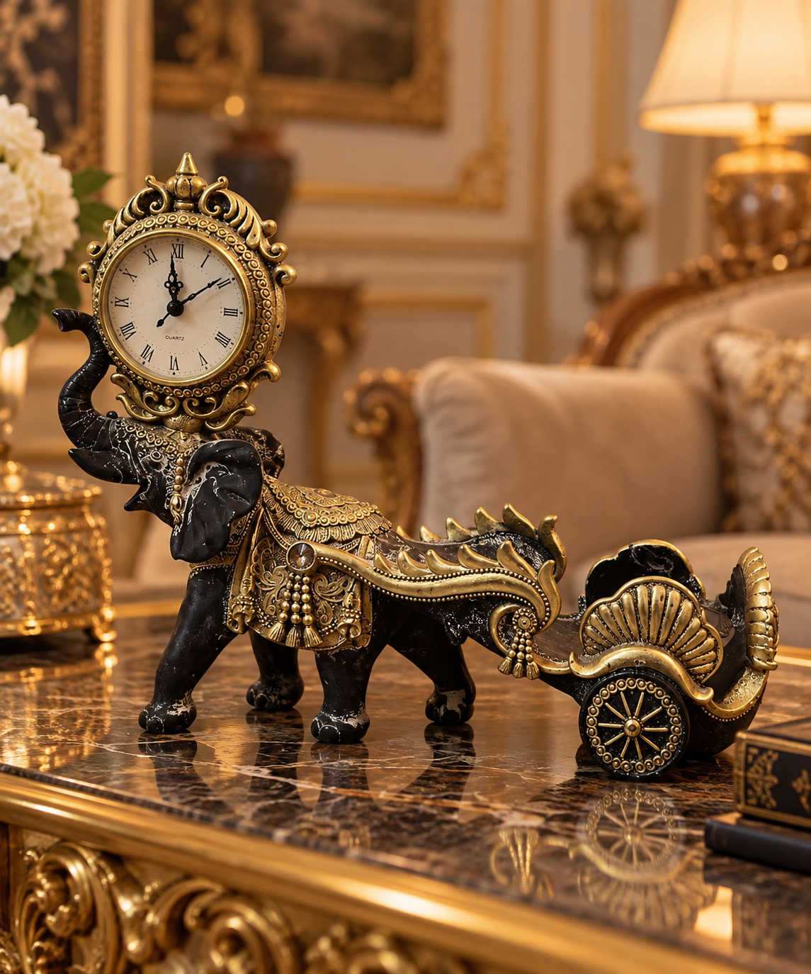 Royal Elephant Clock & Chariot – Black & Gold Luxury Table Décor - Image 2