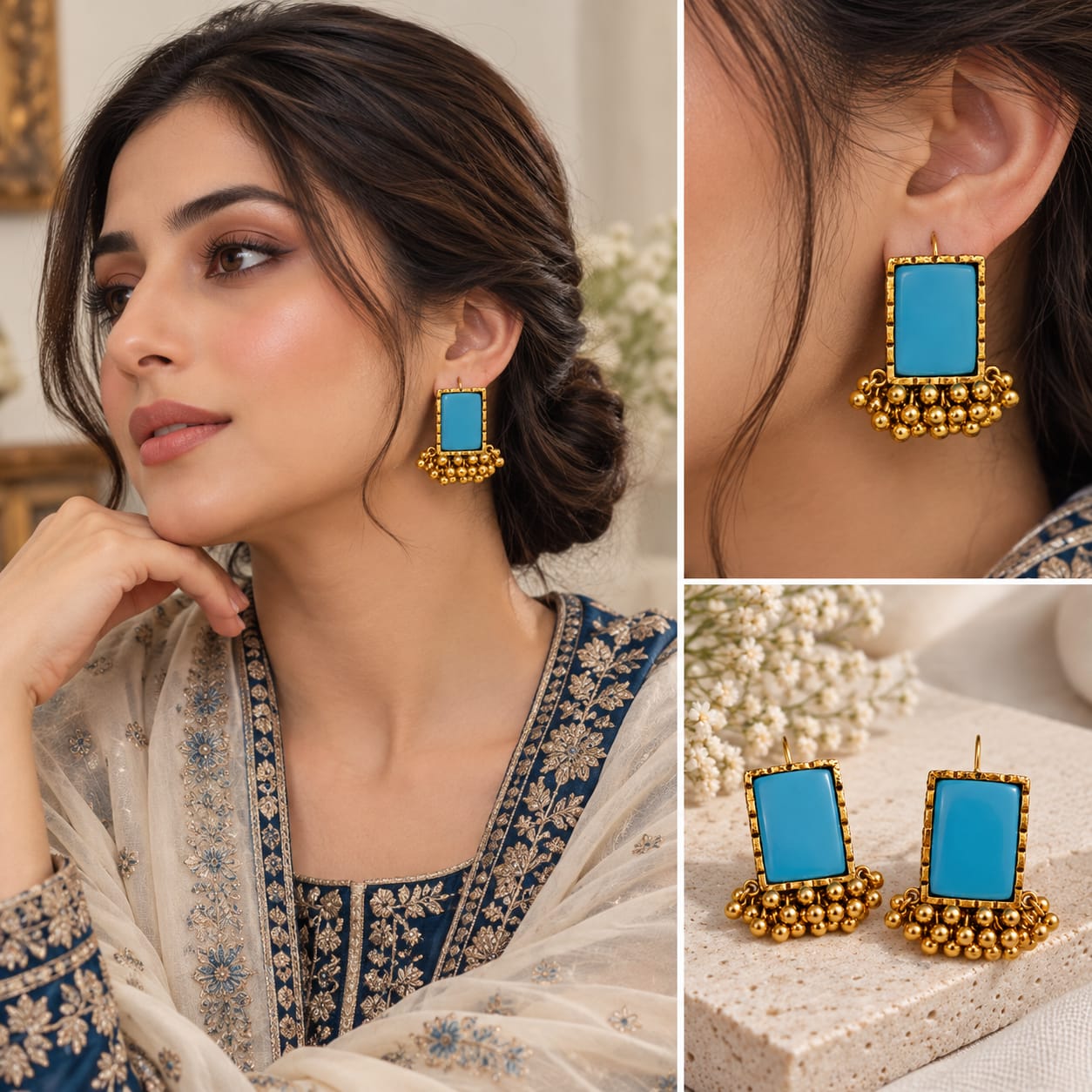 Turquoise Gold Beaded Statement Earrings - Image 2