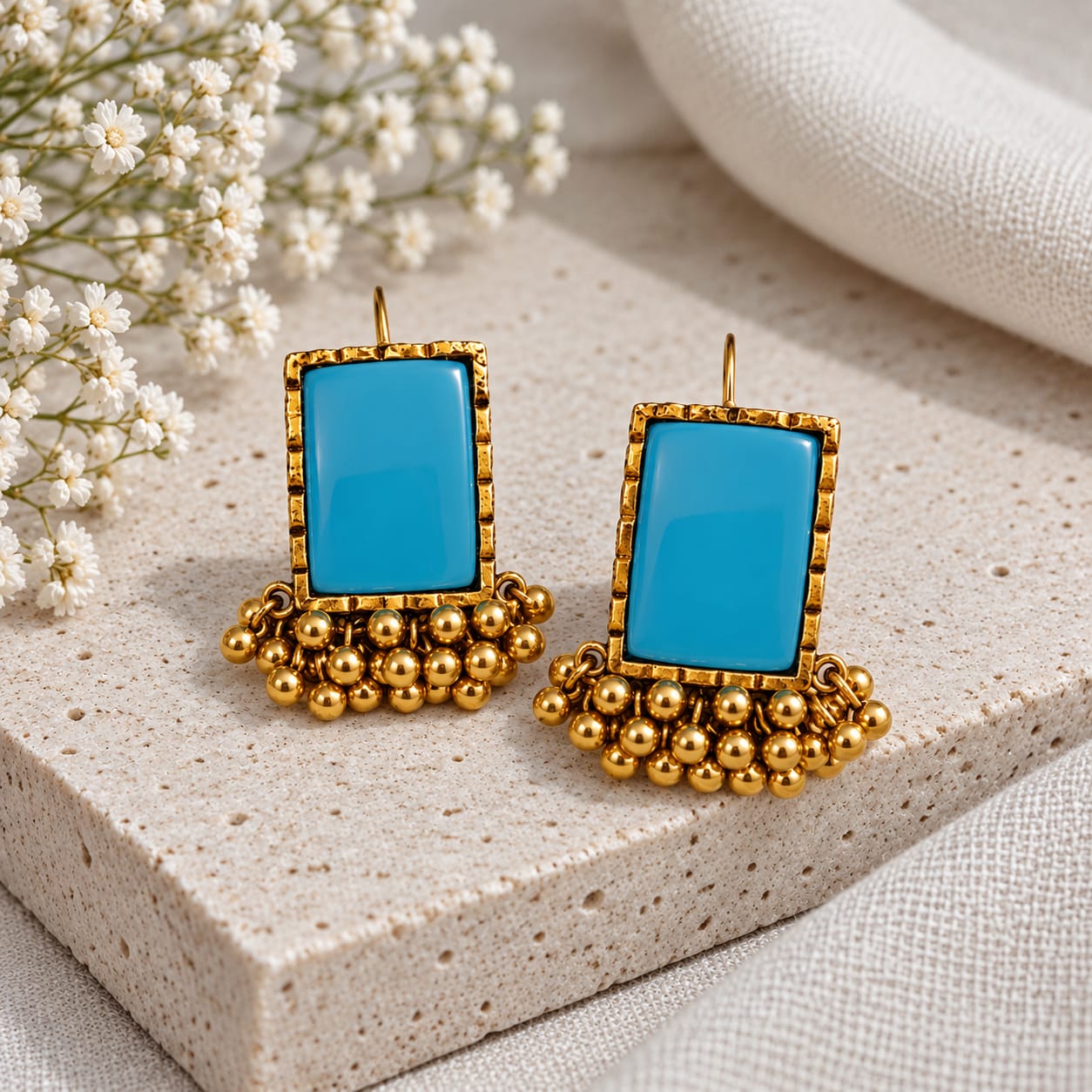 Turquoise Gold Beaded Statement Earrings