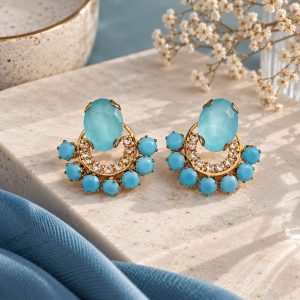 Aqua Blue Crystal Crescent Earrings