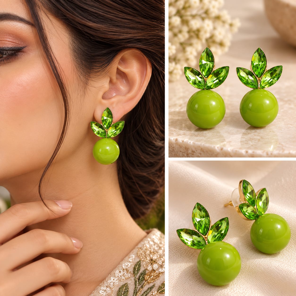 Lime Green Leaf Drop Earrings - Image 2