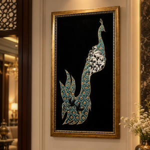 Peacock Elegance – Velvet Textile Art with Golden Wooden frame