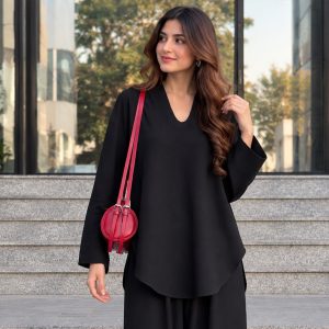 Elegant Black Co-Ord Set with Statement Tunic & Wide-Leg Trousers